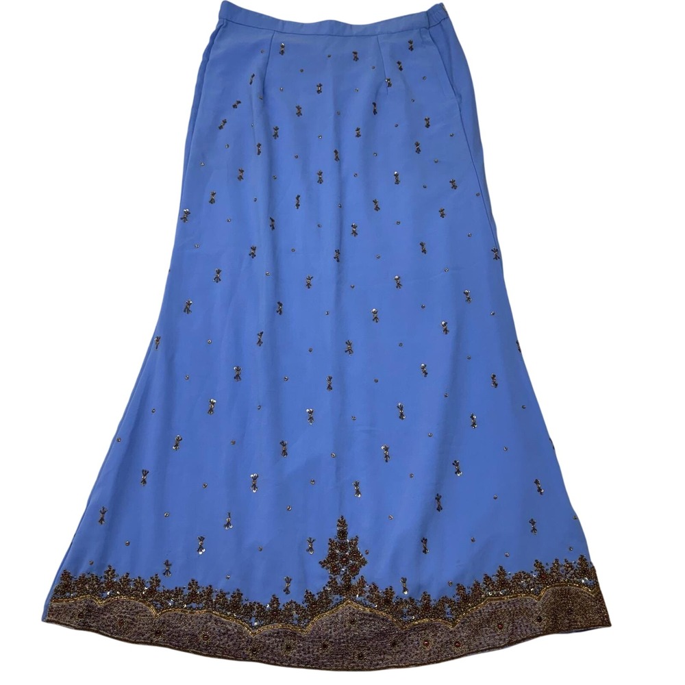 Vintage Blue Beaded Maxi Skirt Gold Embroidered Hem Formal A-Line Skirt